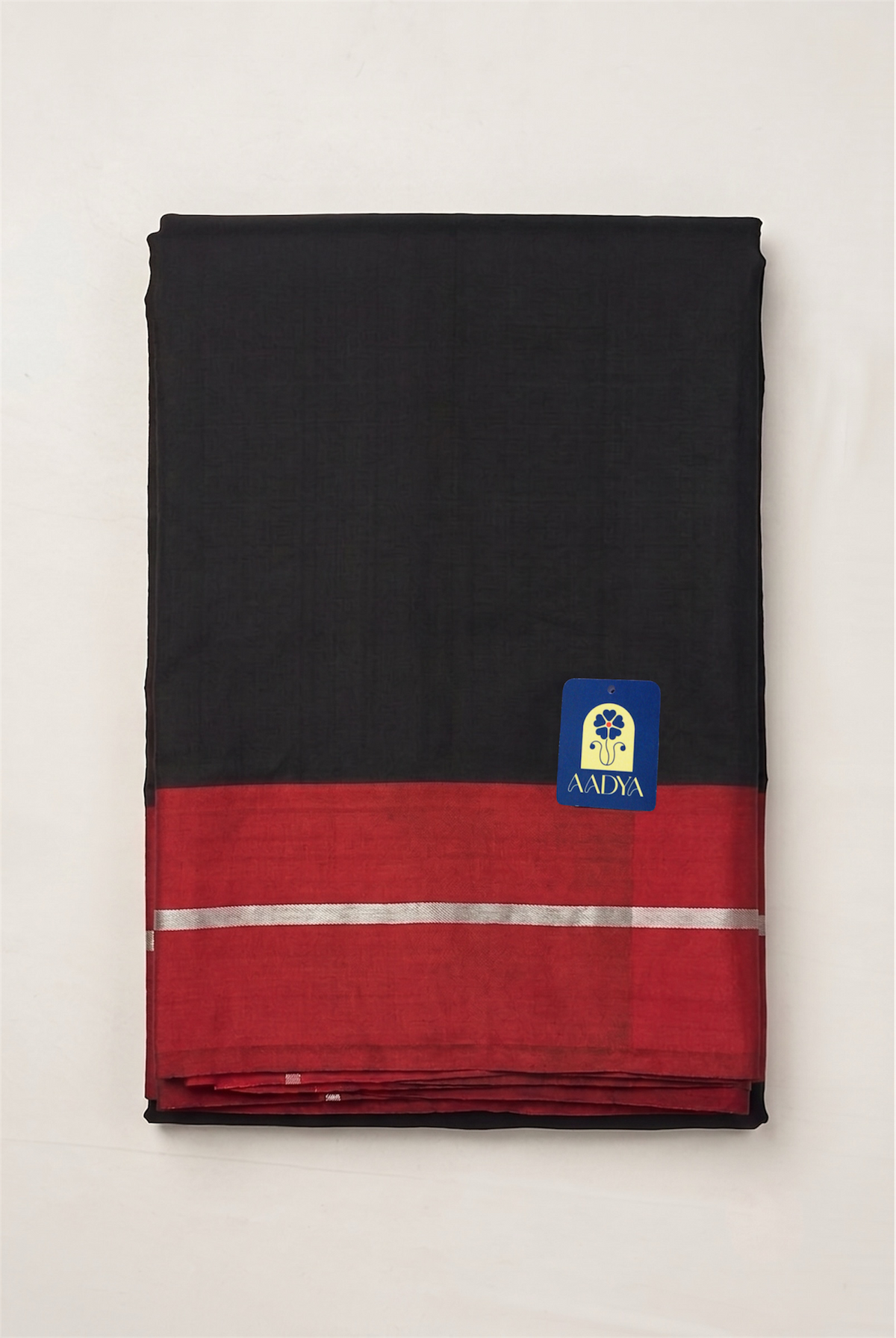 Black Chanderi Silk Saree with Red Border & Silver Zari Lines
