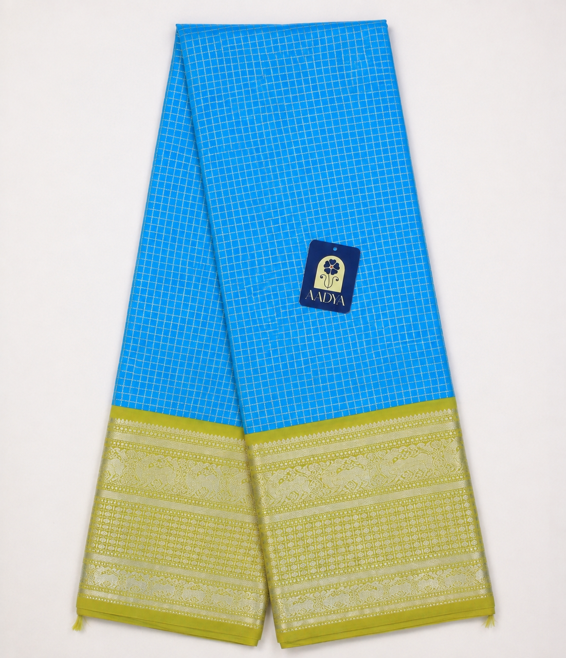 Sky Blue Kanchivaram Silk Bridal Saree with Silver Zari Checks