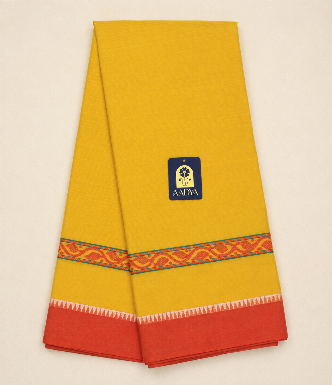 Yellow Narayanpet Cotton Saree with Leaf Border & Green Pallu