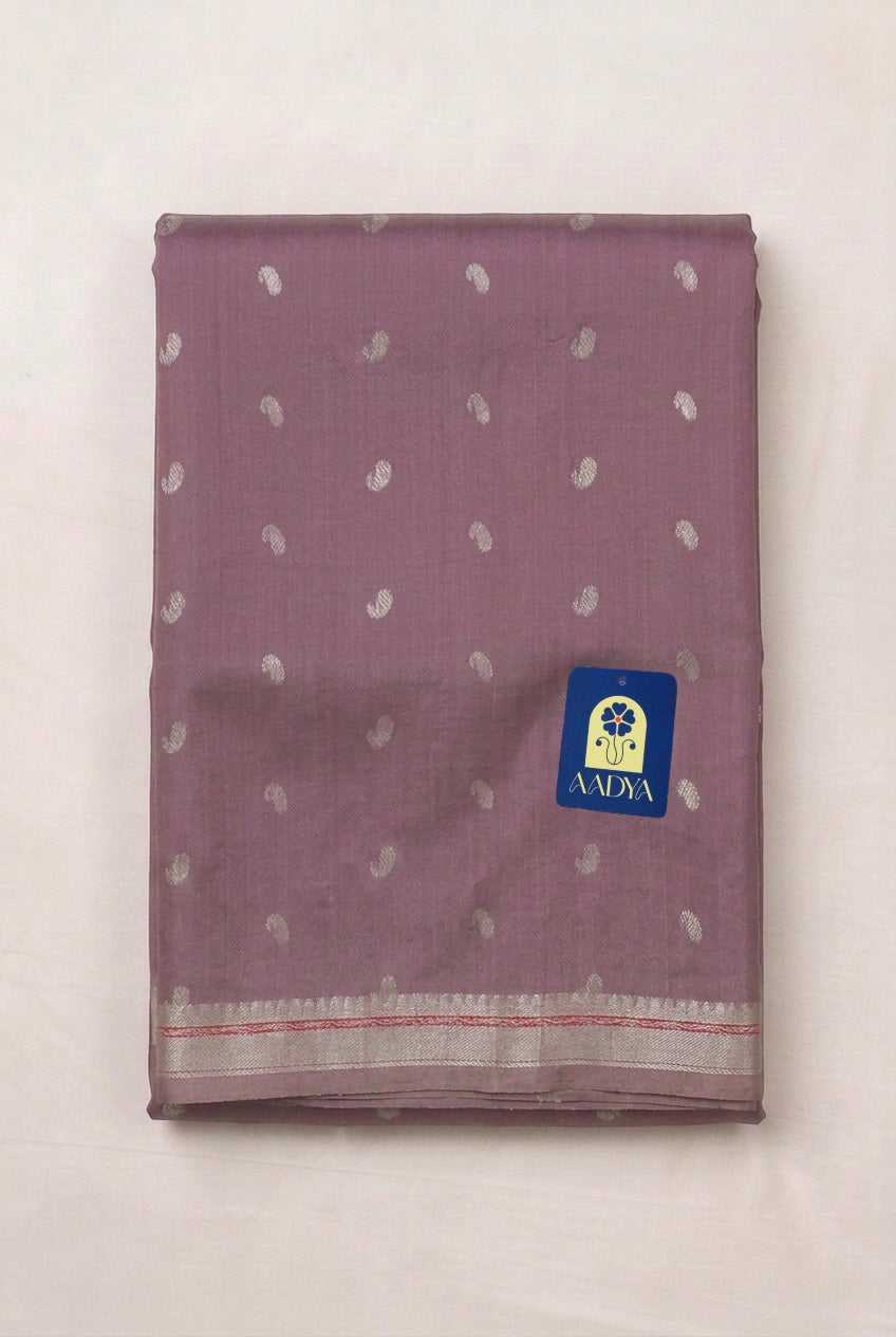 Onion Chanderi Silk Saree with Mango Silver Buttis & Silver Zari Border