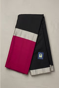 Black & Rani Pink Chanderi Silk Saree with Silver Zari Border & Pallu