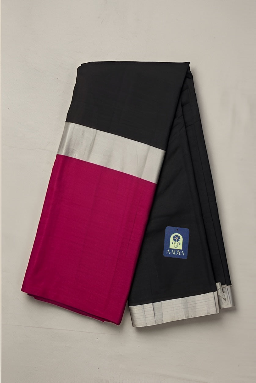 Black & Rani Pink Chanderi Silk Saree with Silver Zari Border & Pallu