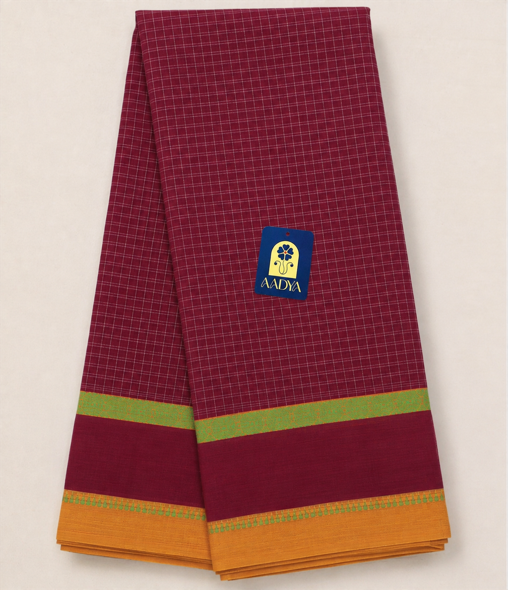 Rani Pink Narayanpet Cotton Saree with Yellow Border & Checked Pallu