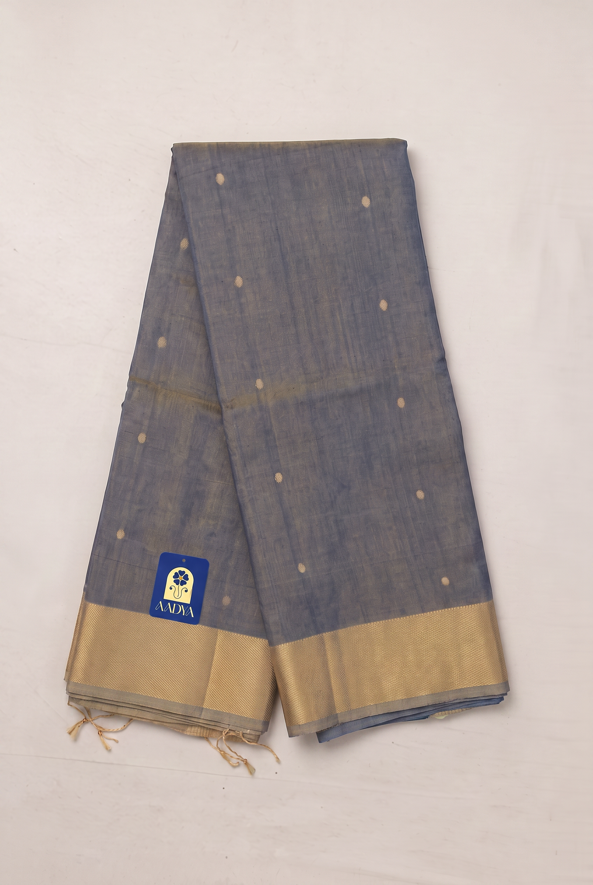 Grey Chanderi Tissue Silk Saree with Silver Zari Buttis & Gold Geometric Border