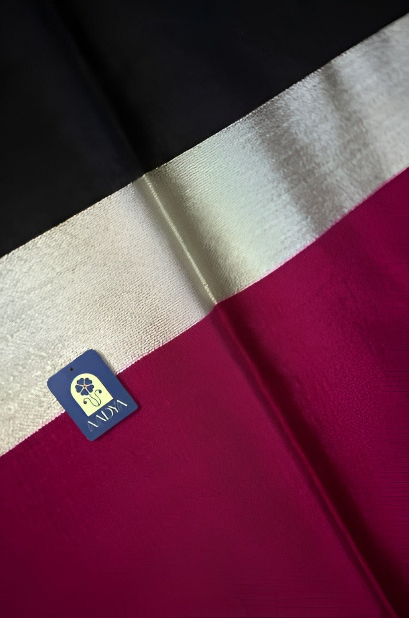 Black & Rani Pink Chanderi Silk Saree with Silver Zari Border & Pallu