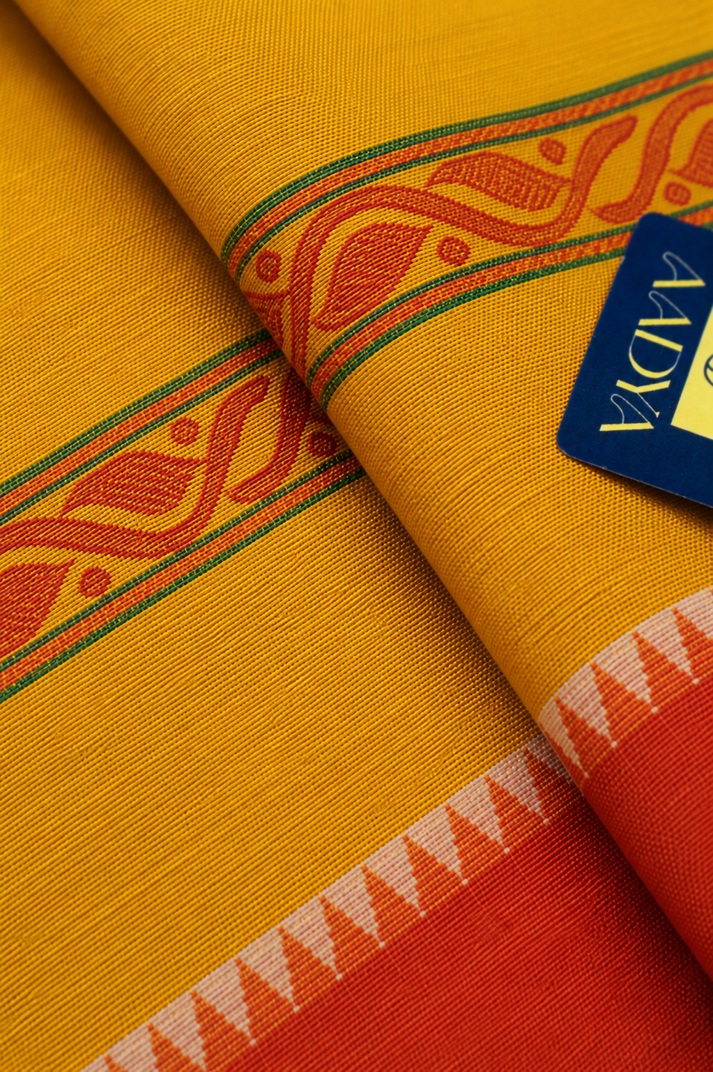 Yellow Narayanpet Cotton Saree with Leaf Border & Green Pallu