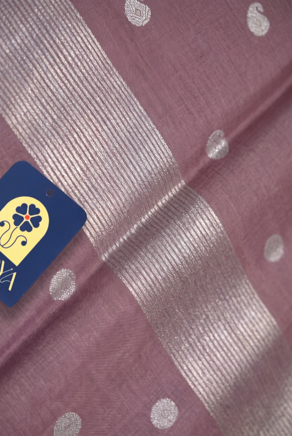 Onion Chanderi Silk Saree with Mango Silver Buttis & Silver Zari Border