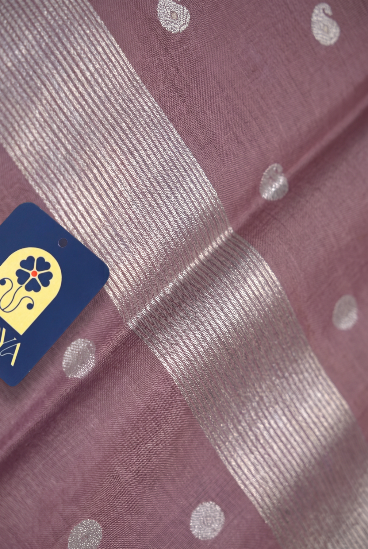 Onion Chanderi Silk Saree with Mango Silver Buttis & Silver Zari Border