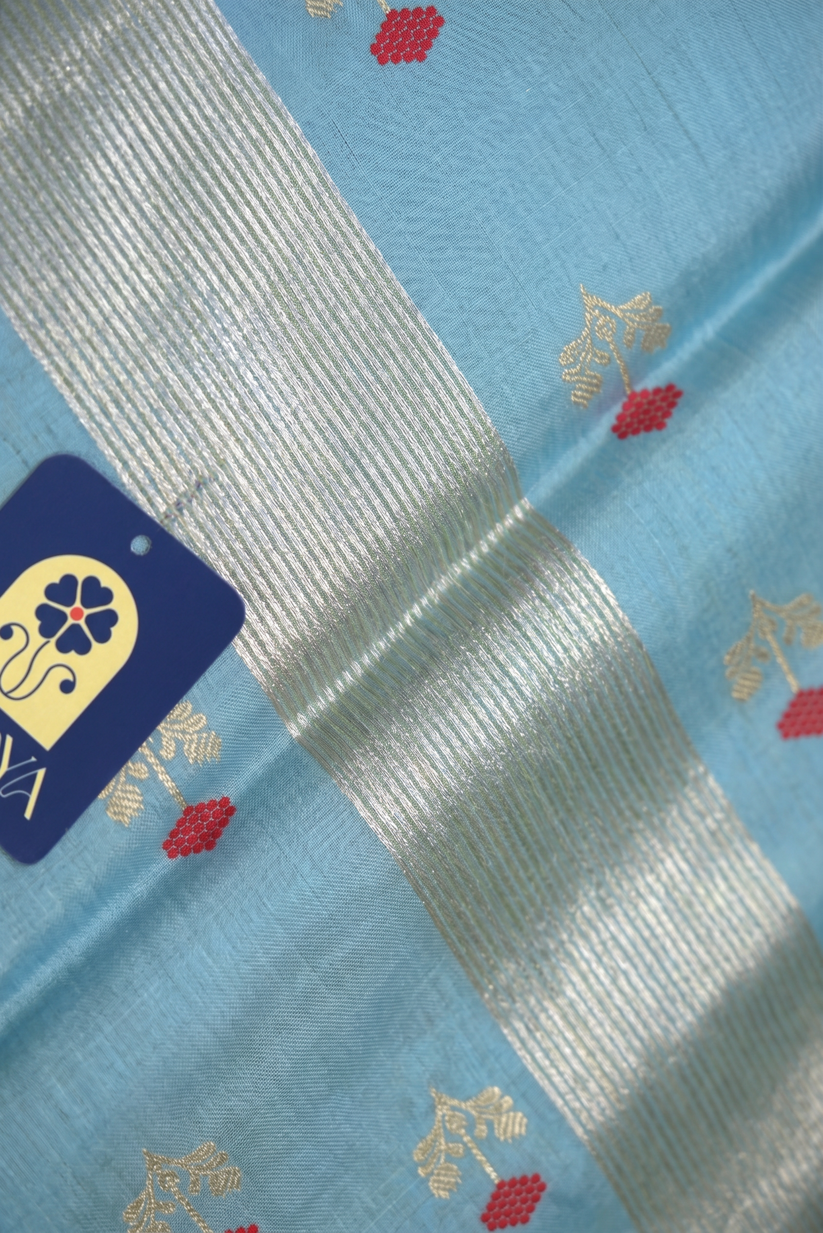 Sea Blue Chanderi Silk Saree with Meenakari Buttis & Zari Pallu