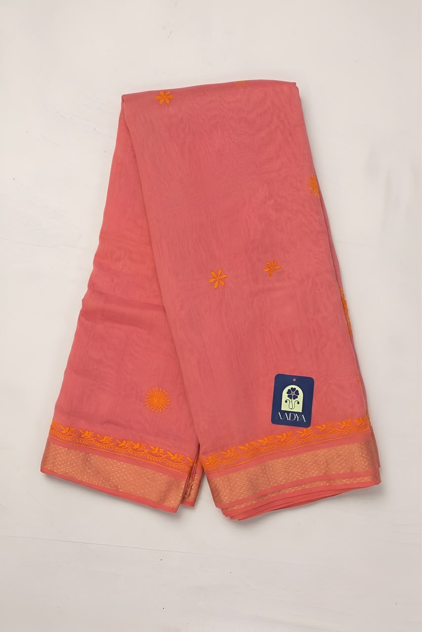 Pink Chanderi Silk Saree with Orange Floral Meenakari Buttis & Zari Pallu