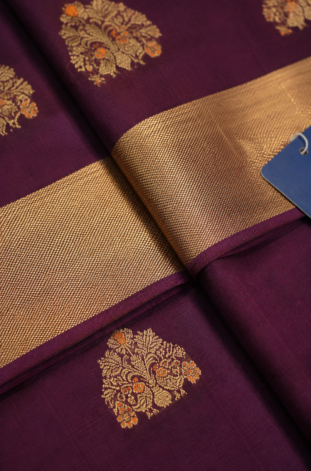 Wine Chanderi Silk Saree with Meenakari Zari Buttis & Gold Zari Pallu