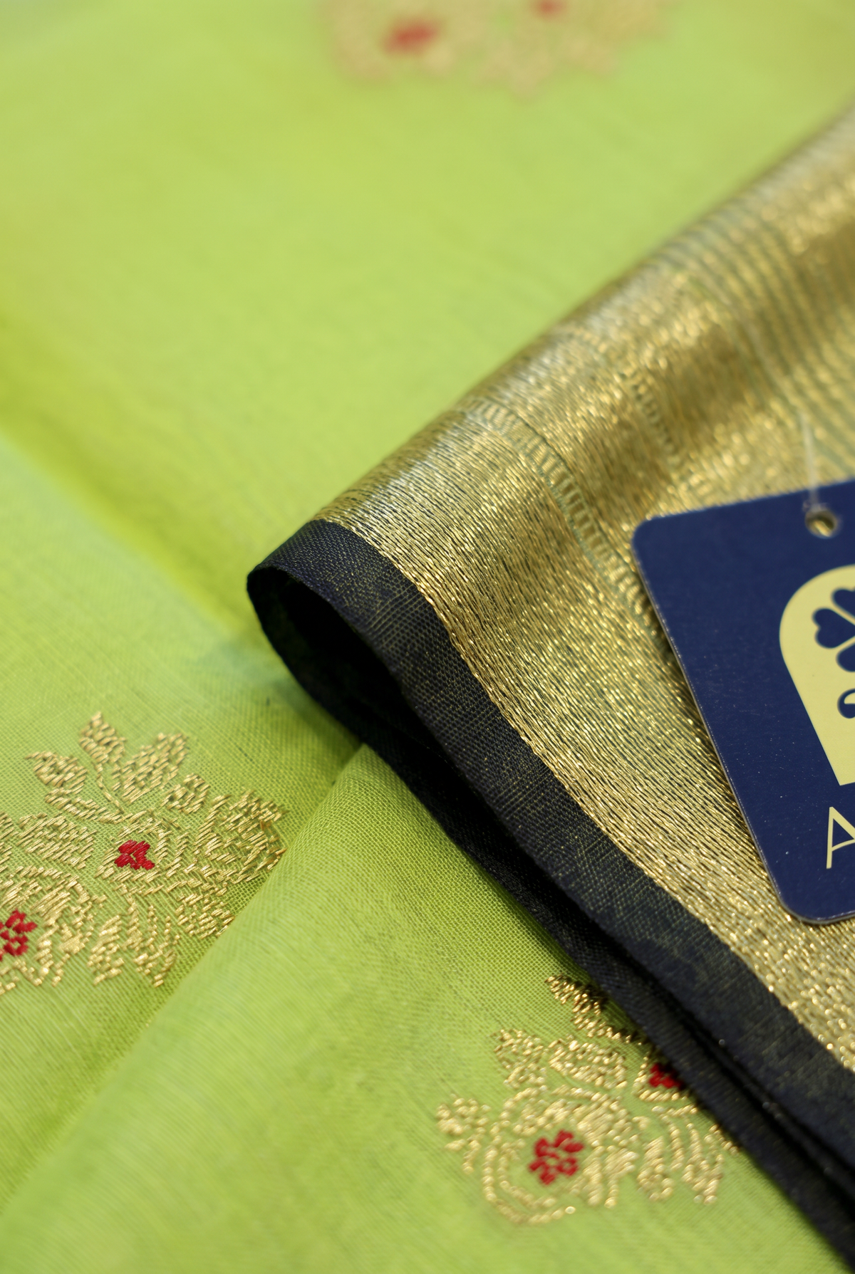 Green Chanderi Silk Saree with Sparrow Zari Buttis & Blue Border