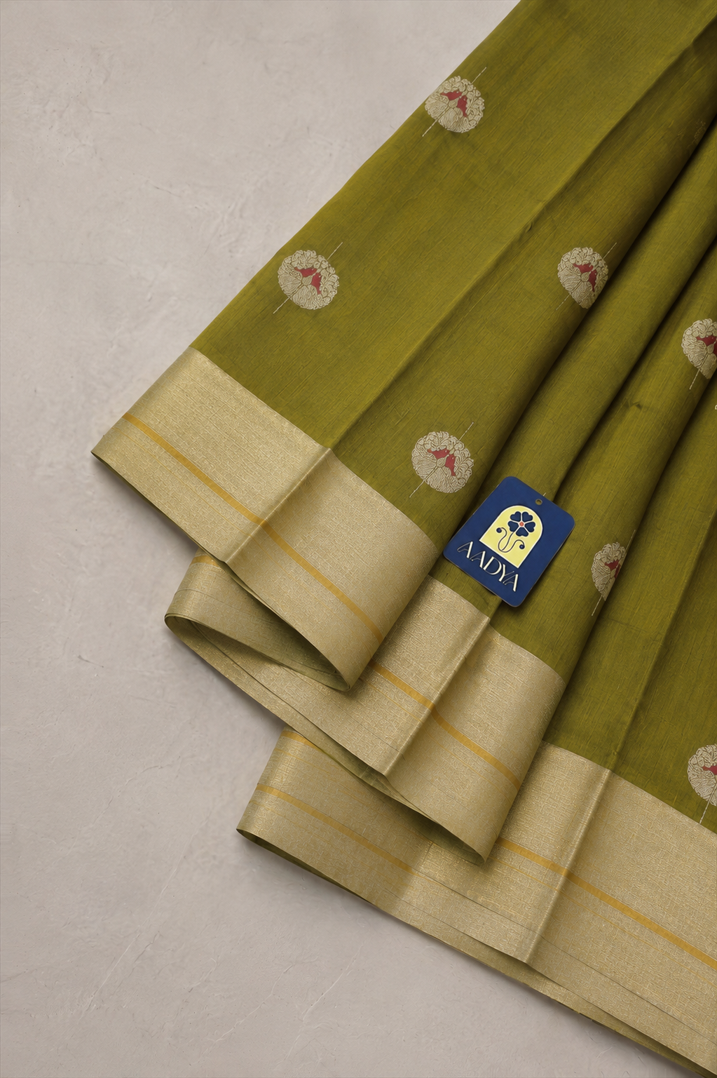 Mehendi Green Chanderi Silk Saree with Peacock Zari Buttis & Yellow Border