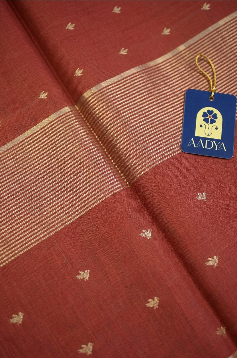 Maroon Chanderi Silk Saree with Floral Lotus Zari Buttis & Gold Zari Border