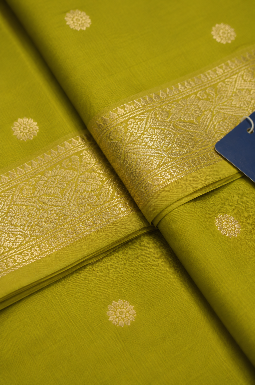 Mustard Yellow Chanderi Silk Saree with Gold Zari Buttis & Zari Border