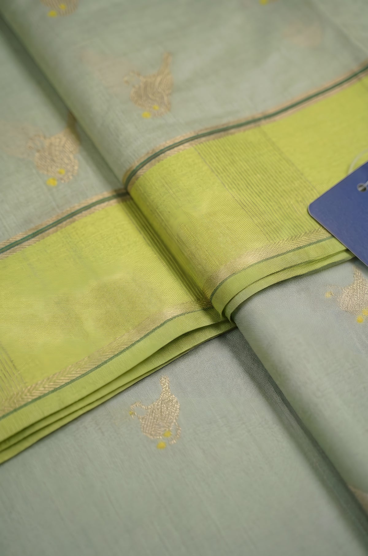 Grey Chanderi Silk Saree with Sparrow Zari Buttis & Neon Green Zari Border