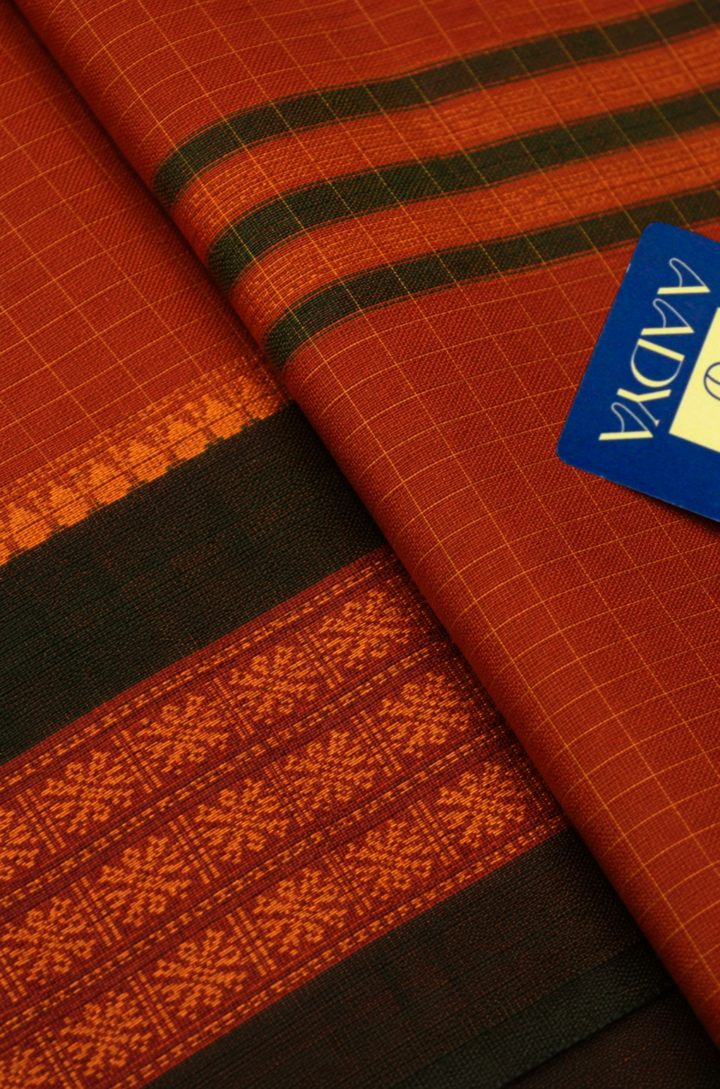 Rust Narayanpet Cotton Saree with Checks & Purple Thread-Work Border