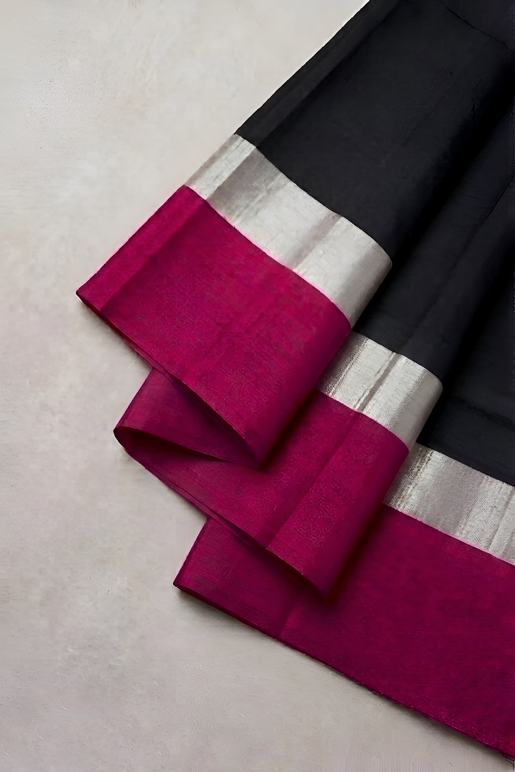 Black & Rani Pink Chanderi Silk Saree with Silver Zari Border & Pallu
