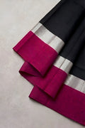 Black & Rani Pink Chanderi Silk Saree with Silver Zari Border & Pallu