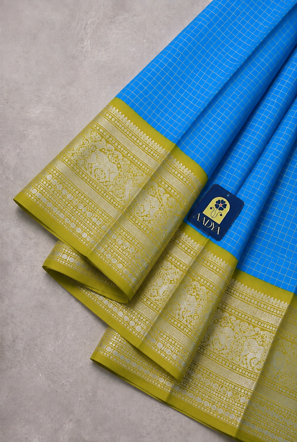 Sky Blue Kanchivaram Silk Bridal Saree with Silver Zari Checks