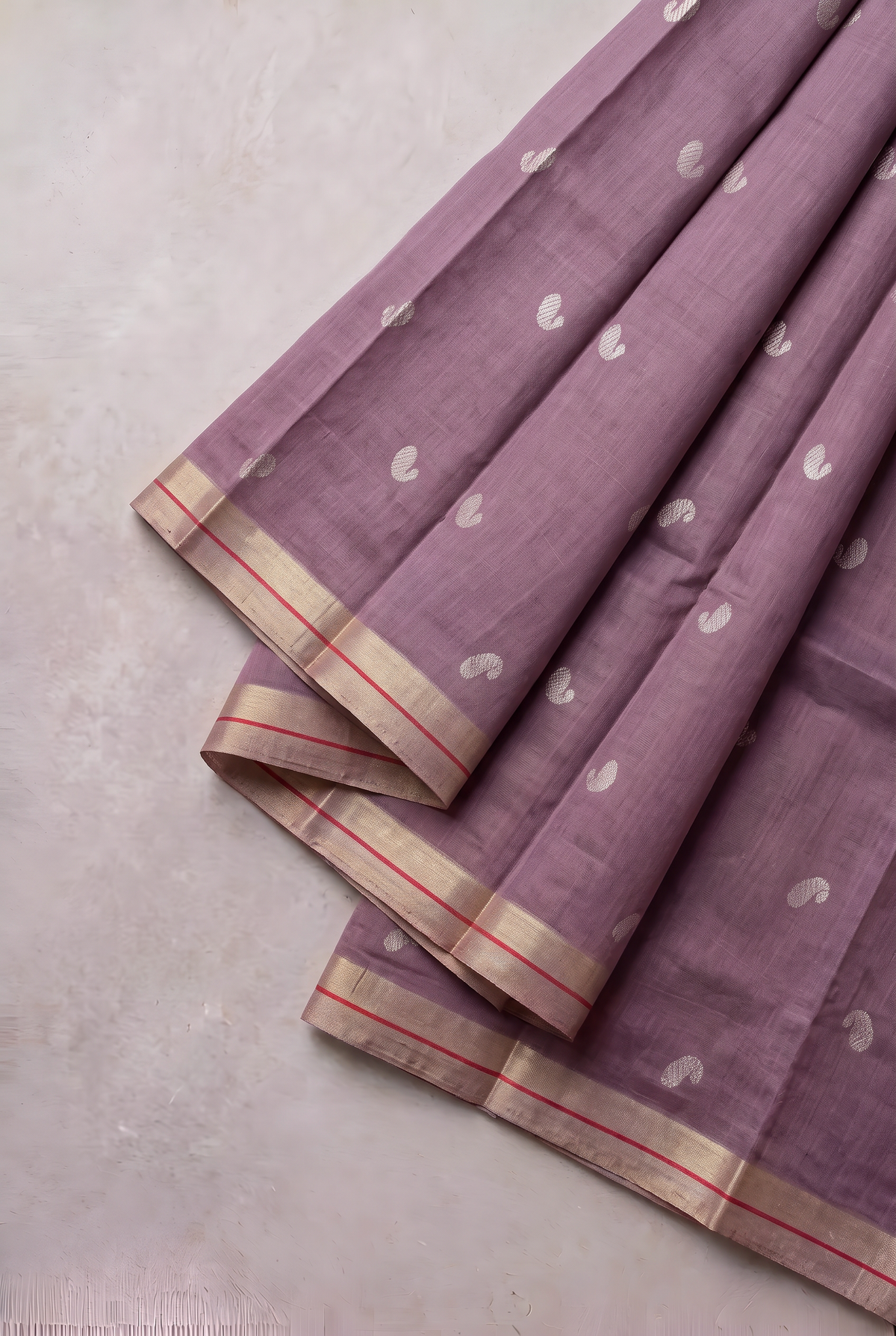 Onion Chanderi Silk Saree with Mango Silver Buttis & Silver Zari Border