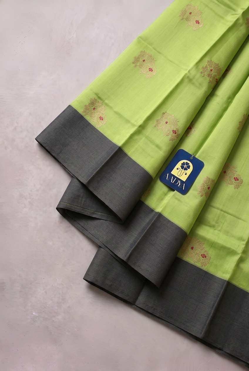 Green Chanderi Silk Saree with Sparrow Zari Buttis & Blue Border