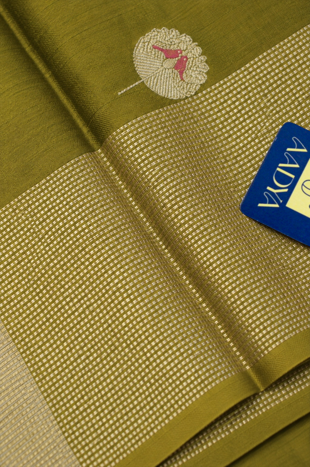 Mehendi Green Chanderi Silk Saree with Peacock Zari Buttis & Yellow Border