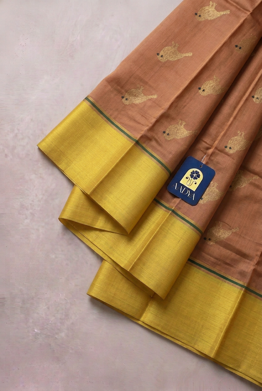 Onion Chanderi Silk Saree with Sparrow Buttis & Neon Green Border