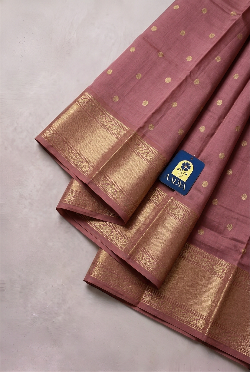 Onion Chanderi Silk Saree with Silver Zari Buttis & Zari Border