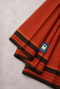 Rust Narayanpet Cotton Saree with Checks & Purple Thread-Work Border