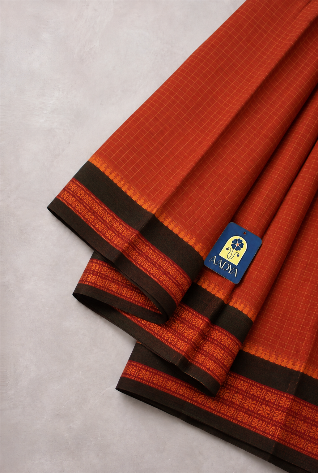 Rust Narayanpet Cotton Saree with Checks & Purple Thread-Work Border