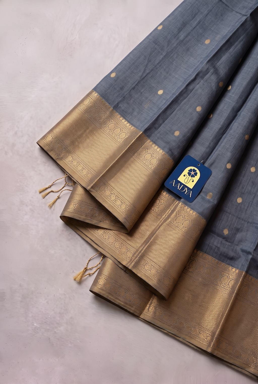 Grey Chanderi Tissue Silk Saree with Silver Zari Buttis & Gold Geometric Border
