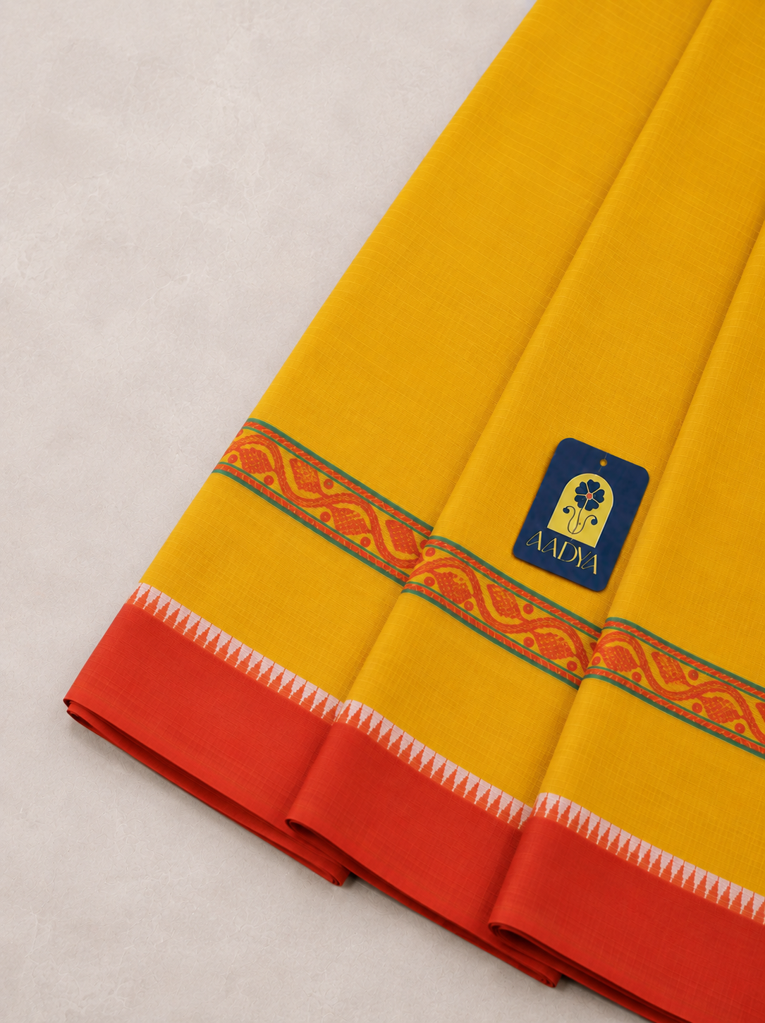 Yellow Narayanpet Cotton Saree with Leaf Border & Green Pallu