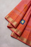 Pink Chanderi Silk Saree with Orange Floral Meenakari Buttis & Zari Pallu