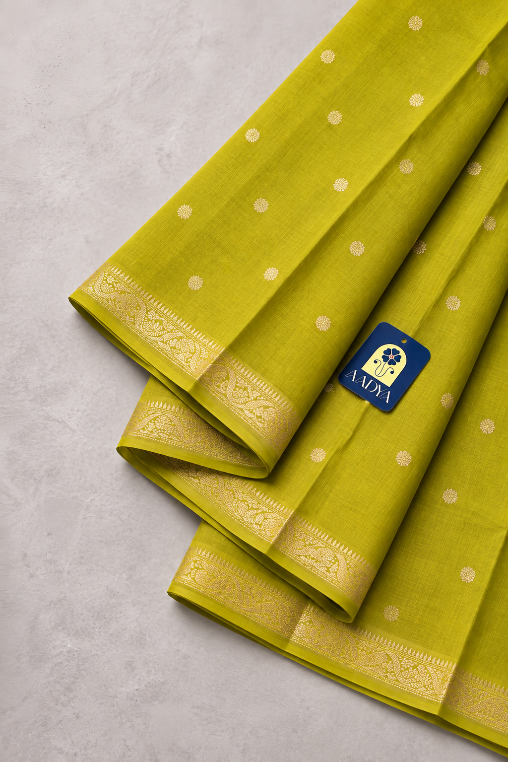 Mustard Yellow Chanderi Silk Saree with Gold Zari Buttis & Zari Border