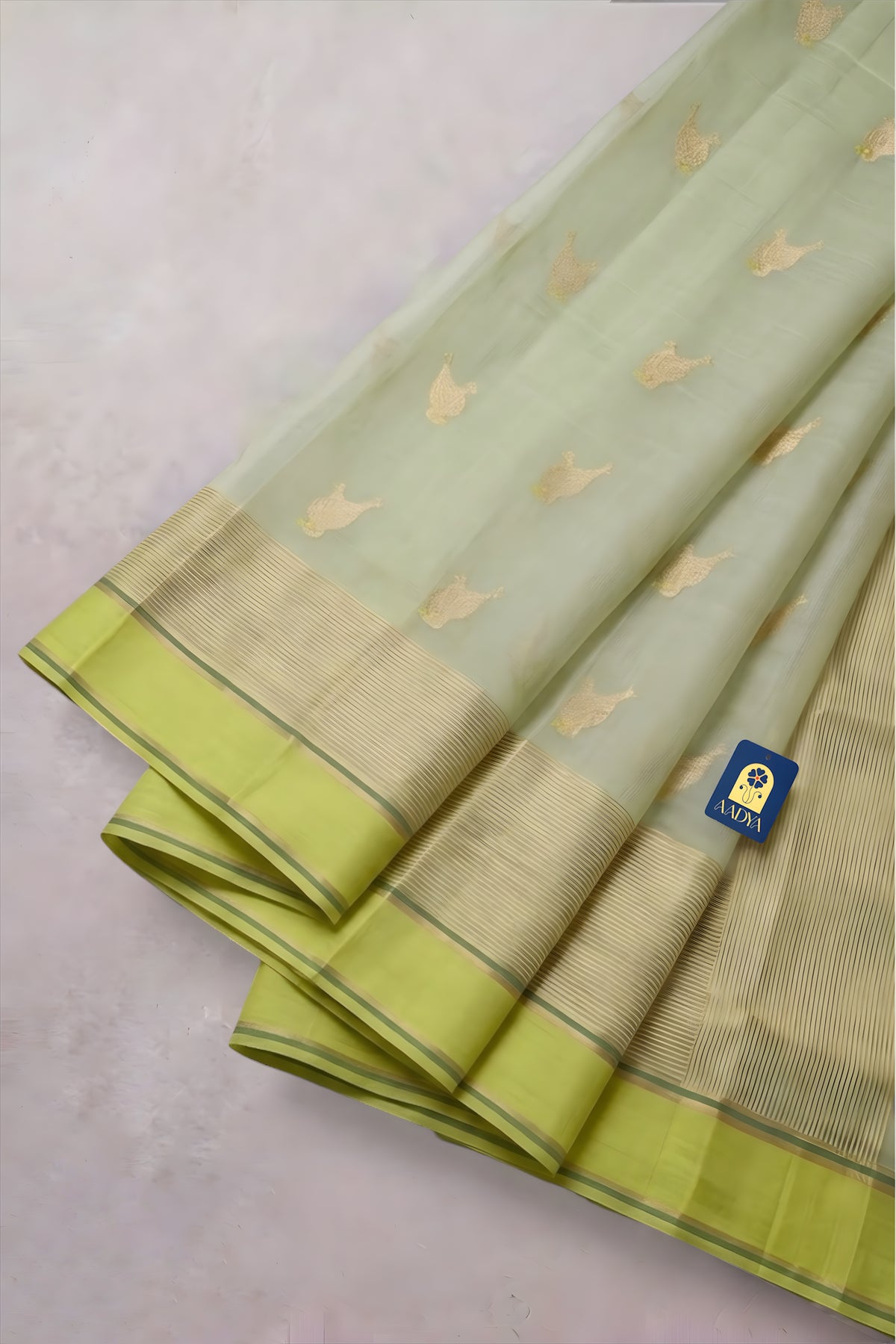 Grey Chanderi Silk Saree with Sparrow Zari Buttis & Neon Green Zari Border