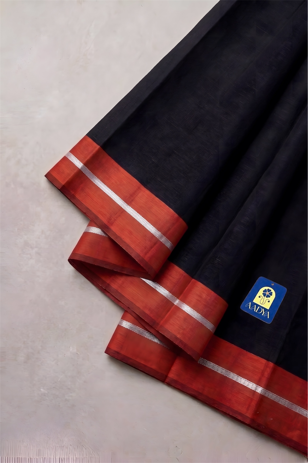 Black Chanderi Silk Saree with Red Border & Silver Zari Lines