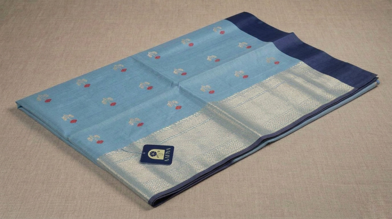 Sea Blue Chanderi Silk Saree with Meenakari Buttis & Zari Pallu