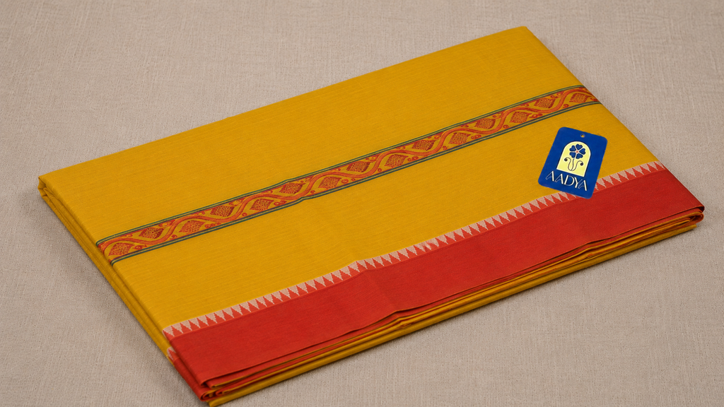 Yellow Narayanpet Cotton Saree with Leaf Border & Green Pallu