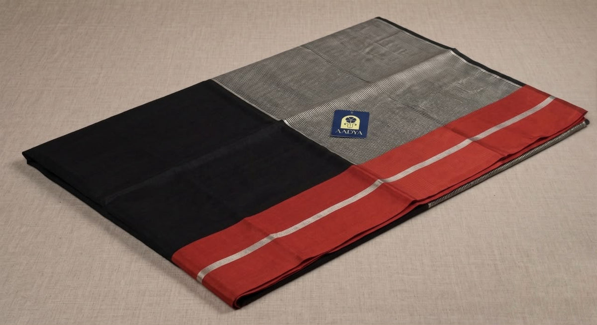 Black Chanderi Silk Saree with Red Border & Silver Zari Lines