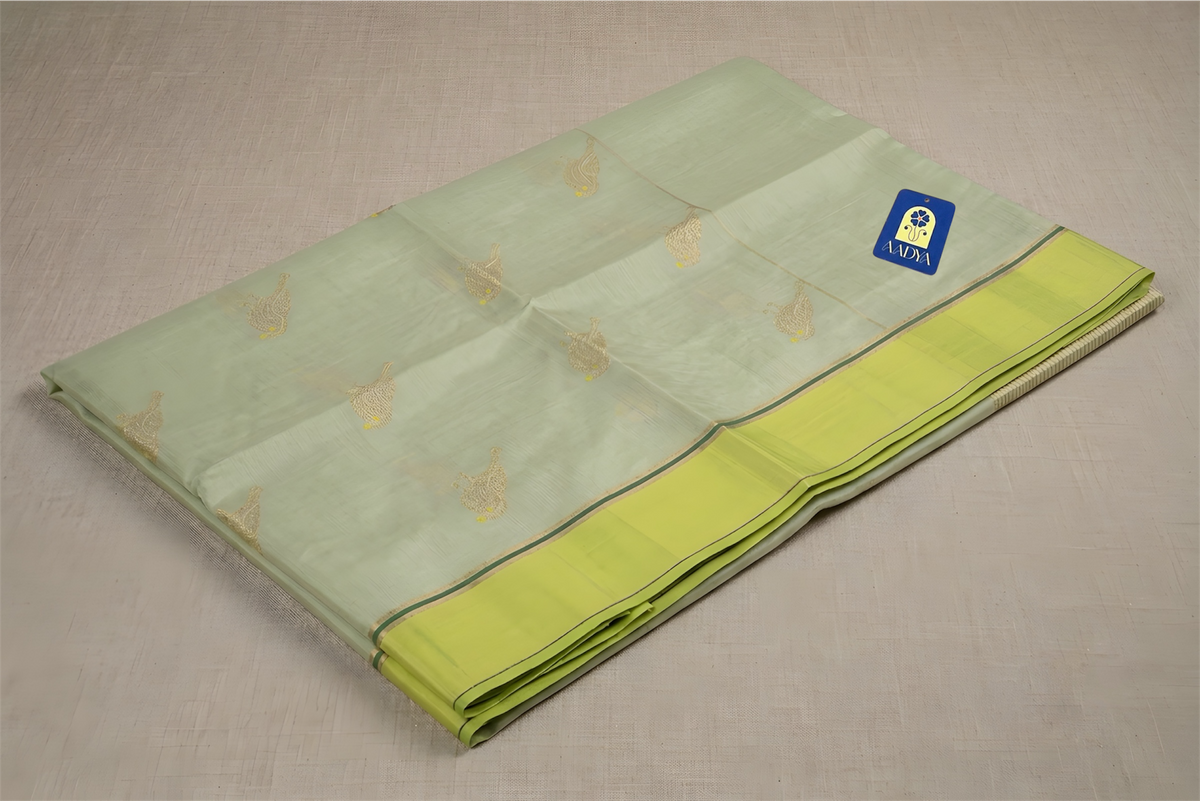Grey Chanderi Silk Saree with Sparrow Zari Buttis & Neon Green Zari Border