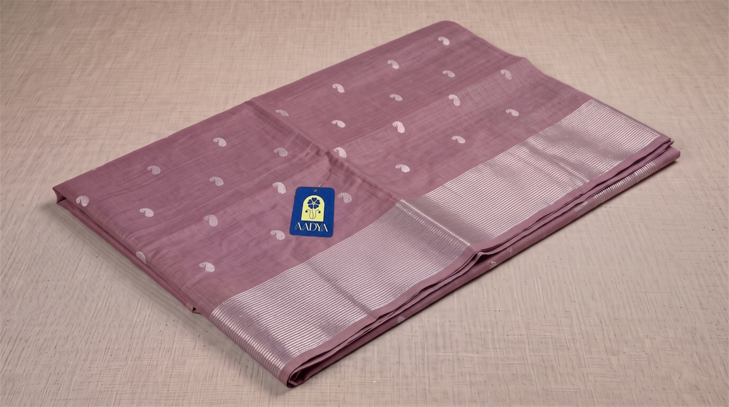 Onion Chanderi Silk Saree with Mango Silver Buttis & Silver Zari Border