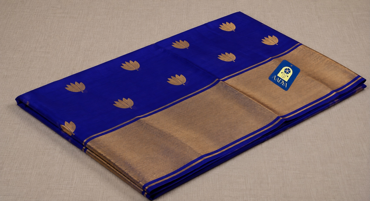 Blue Chanderi Silk Saree with Flower Zari Buttis & Zari Pallu