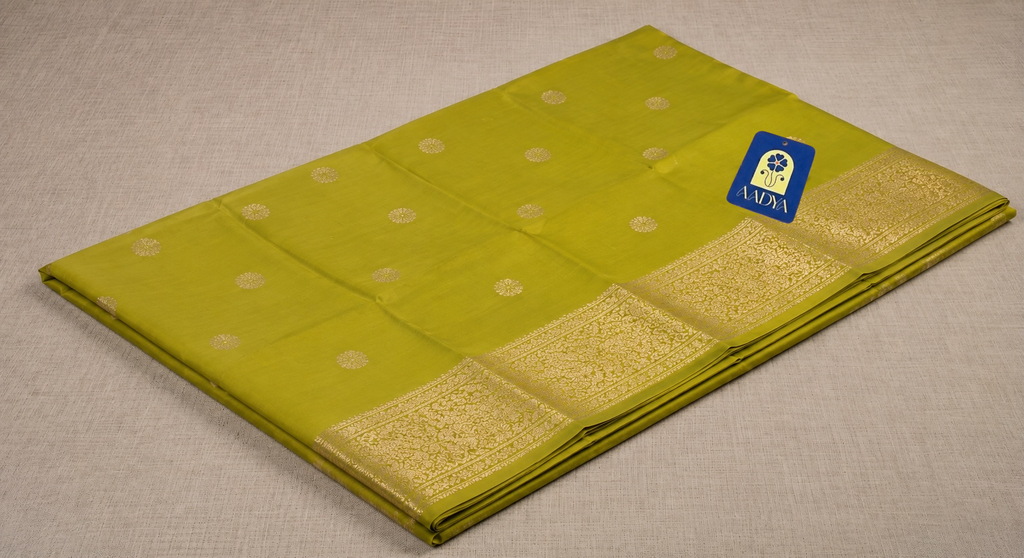 Mustard Yellow Chanderi Silk Saree with Gold Zari Buttis & Zari Border