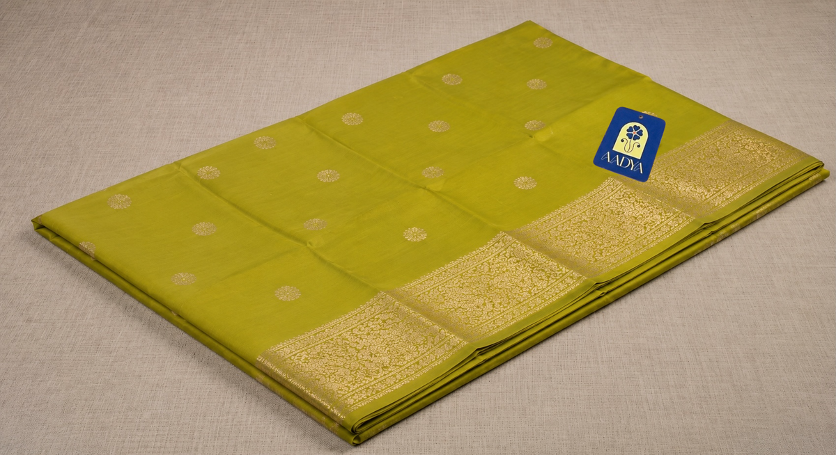 Mustard Yellow Chanderi Silk Saree with Gold Zari Buttis & Zari Border