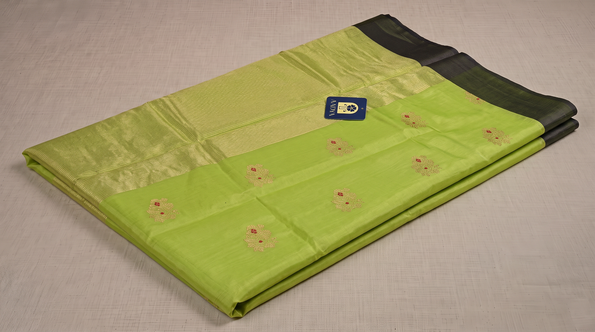 Green Chanderi Silk Saree with Sparrow Zari Buttis & Blue Border