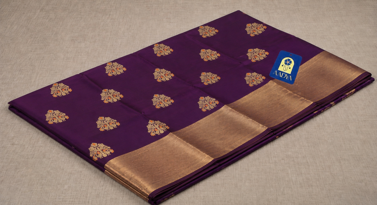 Wine Chanderi Silk Saree with Meenakari Zari Buttis & Gold Zari Pallu
