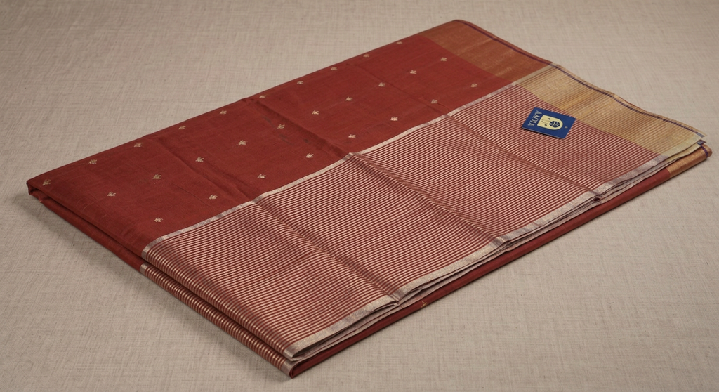 Maroon Chanderi Silk Saree with Floral Lotus Zari Buttis & Gold Zari Border