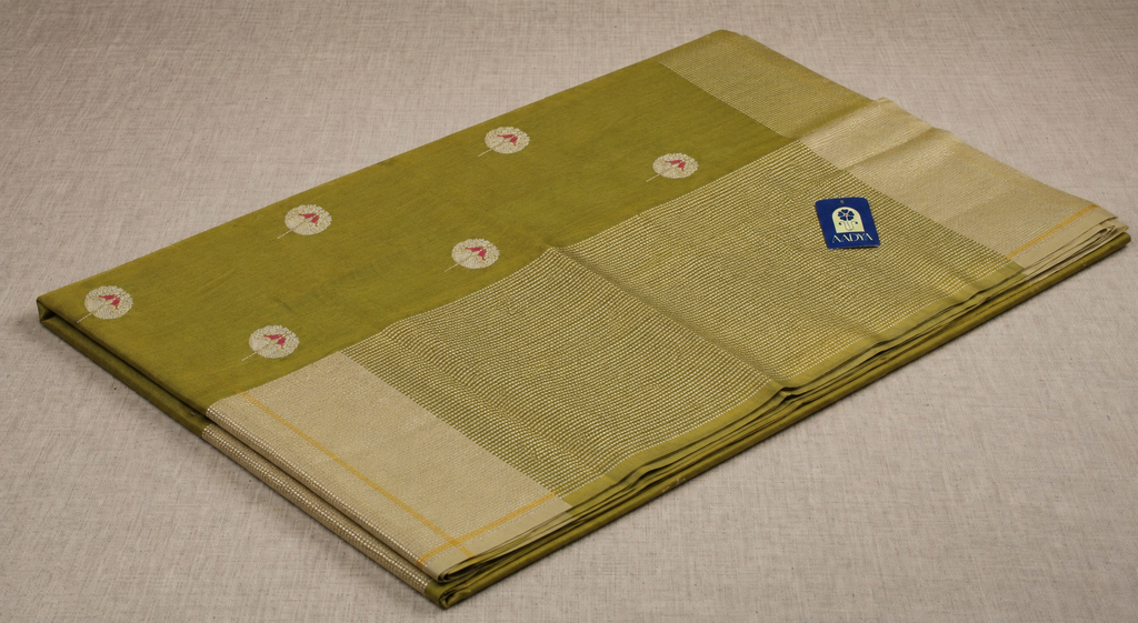 Mehendi Green Chanderi Silk Saree with Peacock Zari Buttis & Yellow Border