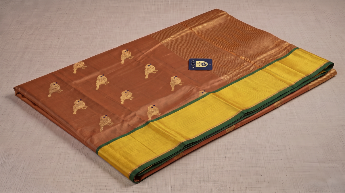 Onion Chanderi Silk Saree with Sparrow Buttis & Neon Green Border